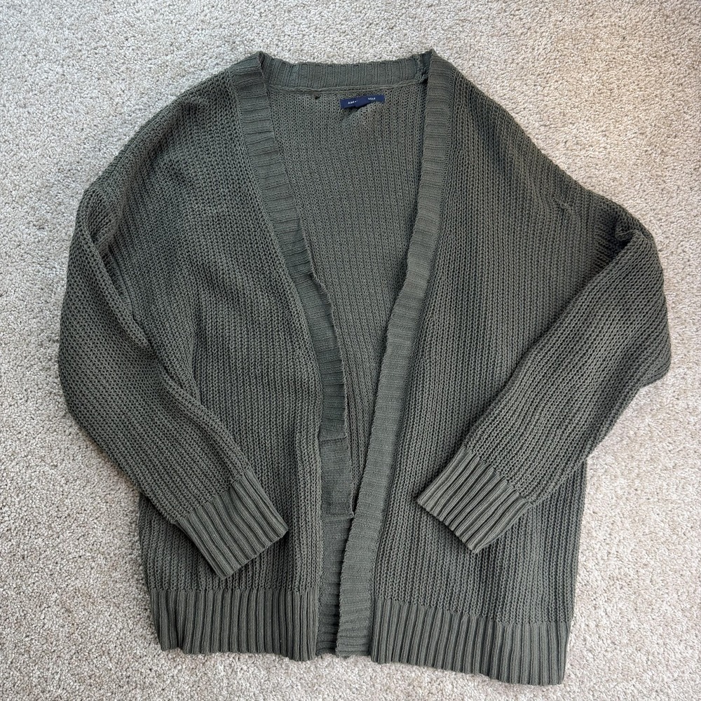 American Eagle Womens M Green Cardigan Sweater V Neck Chunky Knit Open Front